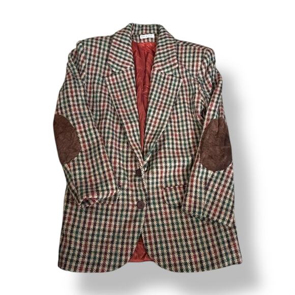 Vintage 90s Wool Houndstooth Plaid Oversized Blazer Jacket Tan Suede Elbow Patch - Picture 1 of 10